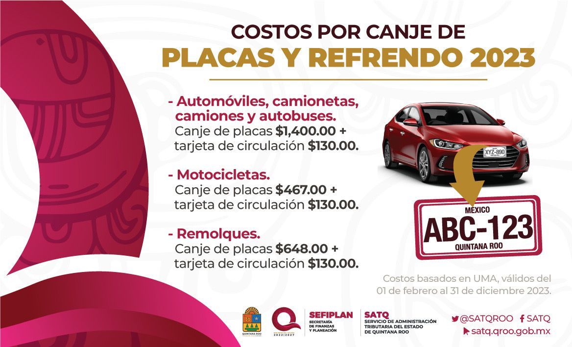 En febrero, nuevas tarifas para el canje de placas en QRoo