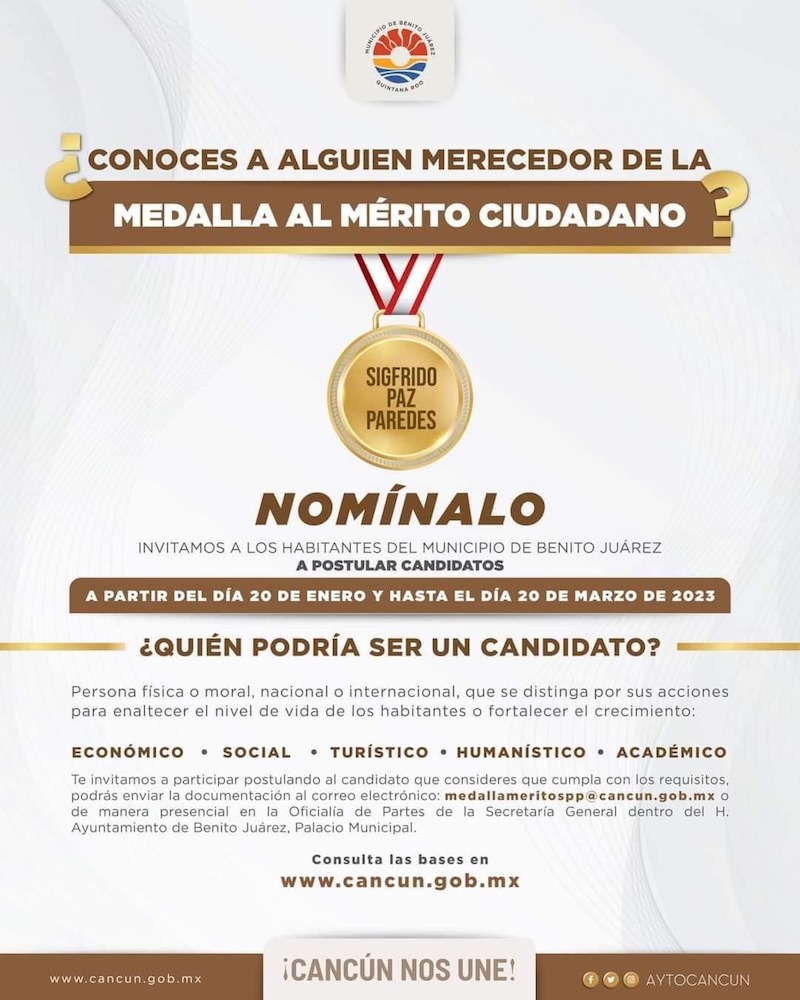 Últimos días para nominación de aspirantes a Medalla al Mérito Ciudadano edición 2023 en Cancún