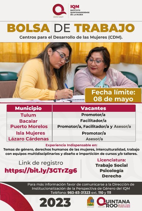 IQM convoca a profesionistas para laborar en los Centros para el Desarrollo de las Mujeres