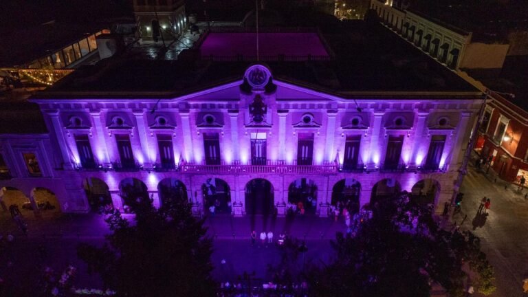 Palacio de Gobierno de Yucatán se ilumina de morado rombo al 8M